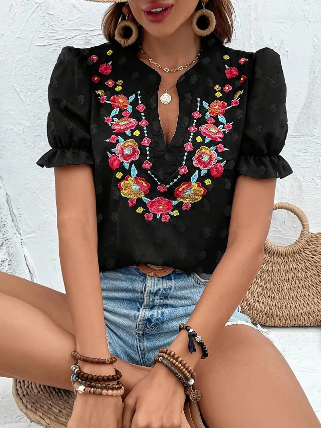 Melliflo Mexican Shirts for Women Floral Embroidered Tops Summer Peasant Blouse Boho V Neck Short Puff Sleeve T Shirt