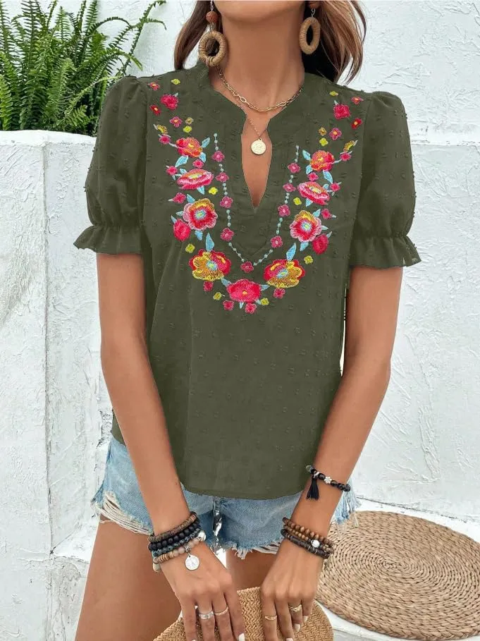 Melliflo Mexican Shirts for Women Floral Embroidered Tops Summer Peasant Blouse Boho V Neck Short Puff Sleeve T Shirt