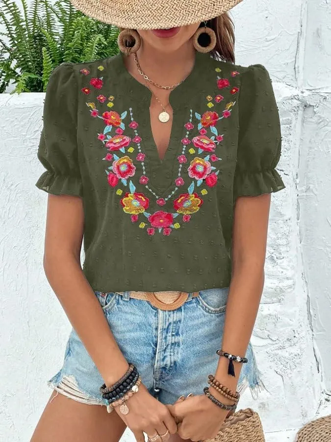 Melliflo Mexican Shirts for Women Floral Embroidered Tops Summer Peasant Blouse Boho V Neck Short Puff Sleeve T Shirt