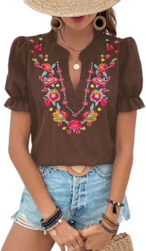 Melliflo Mexican Shirts for Women Floral Embroidered Tops Summer Peasant Blouse Boho V Neck Short Puff Sleeve T Shirt