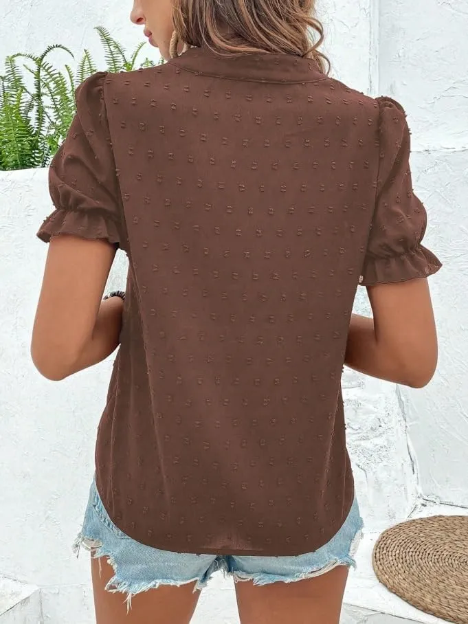 Melliflo Mexican Shirts for Women Floral Embroidered Tops Summer Peasant Blouse Boho V Neck Short Puff Sleeve T Shirt