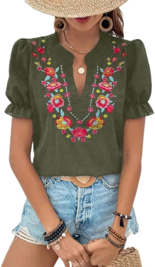 Melliflo Mexican Shirts for Women Floral Embroidered Tops Summer Peasant Blouse Boho V Neck Short Puff Sleeve T Shirt