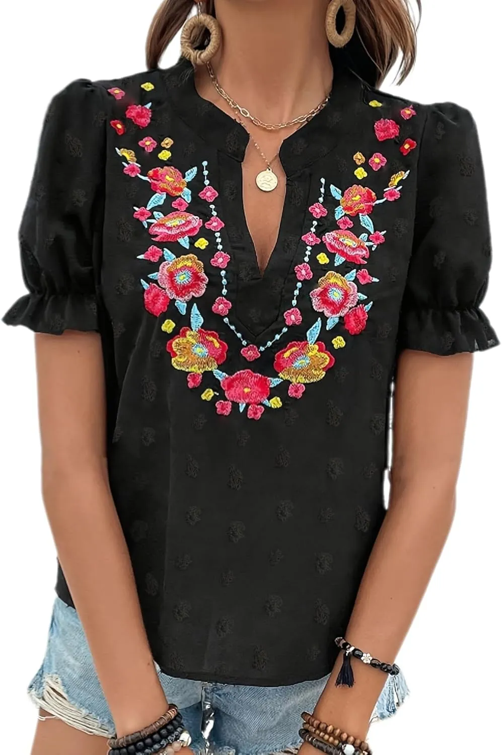 Melliflo Mexican Shirts for Women Floral Embroidered Tops Summer Peasant Blouse Boho V Neck Short Puff Sleeve T Shirt