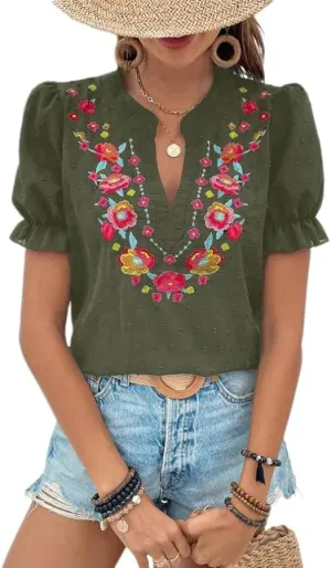 Melliflo Mexican Shirts for Women Floral Embroidered Tops Summer Peasant Blouse Boho V Neck Short Puff Sleeve T Shirt