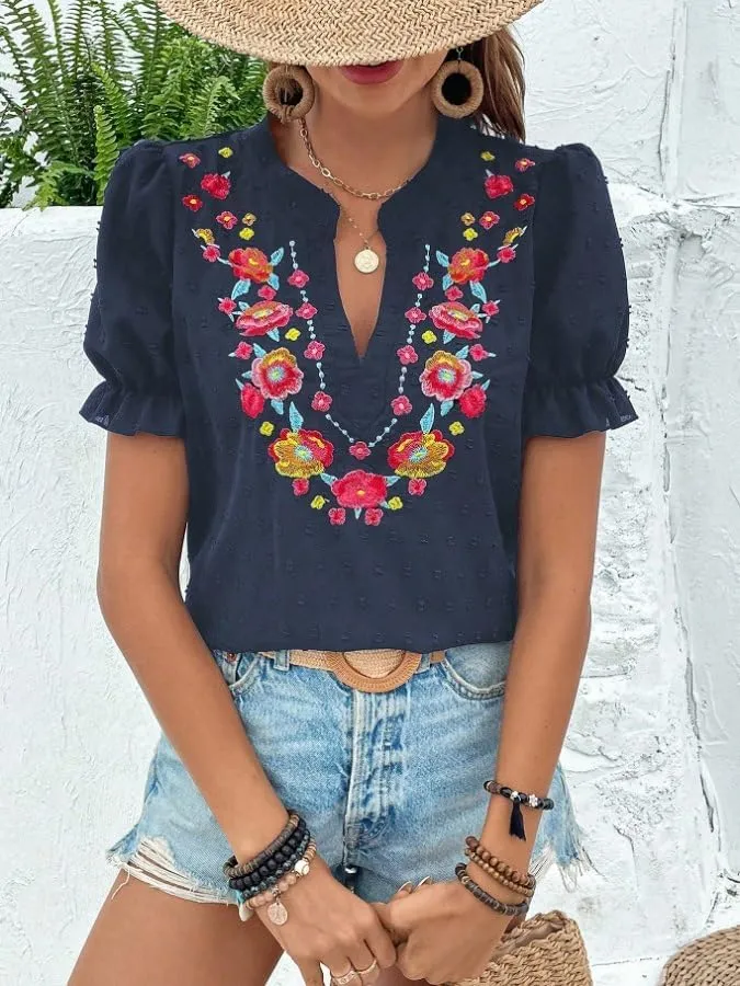 Melliflo Mexican Shirts for Women Floral Embroidered Tops Summer Peasant Blouse Boho V Neck Short Puff Sleeve T Shirt