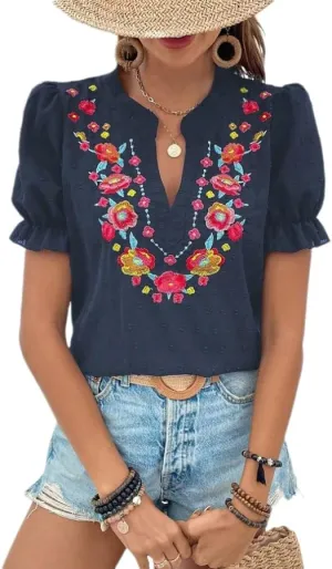 Melliflo Mexican Shirts for Women Floral Embroidered Tops Summer Peasant Blouse Boho V Neck Short Puff Sleeve T Shirt