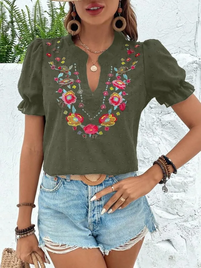 Melliflo Mexican Shirts for Women Floral Embroidered Tops Summer Peasant Blouse Boho V Neck Short Puff Sleeve T Shirt