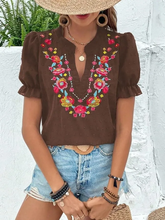 Melliflo Mexican Shirts for Women Floral Embroidered Tops Summer Peasant Blouse Boho V Neck Short Puff Sleeve T Shirt