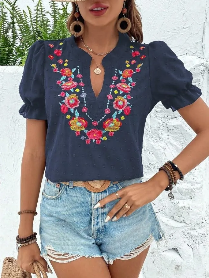 Melliflo Mexican Shirts for Women Floral Embroidered Tops Summer Peasant Blouse Boho V Neck Short Puff Sleeve T Shirt