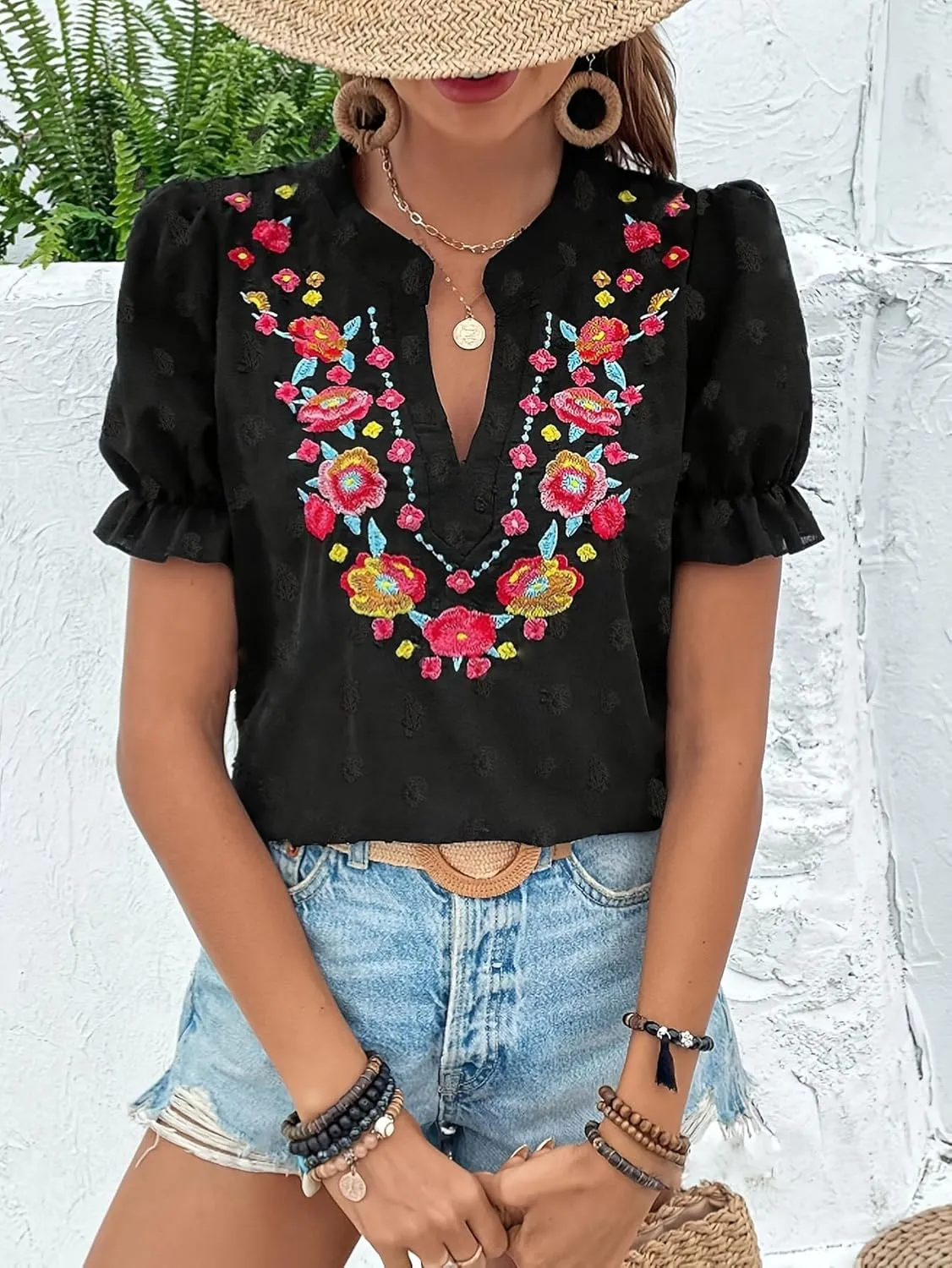 Melliflo Mexican Shirts for Women Floral Embroidered Tops Summer Peasant Blouse Boho V Neck Short Puff Sleeve T Shirt