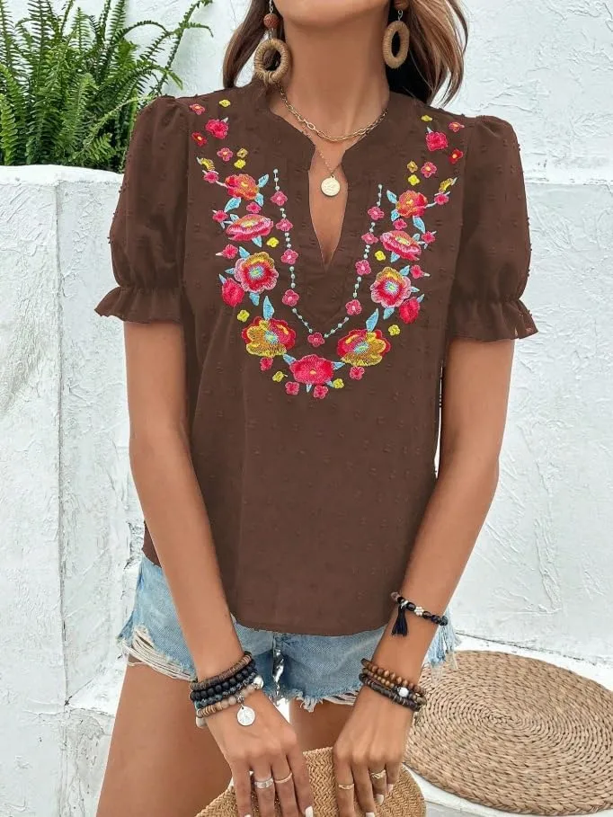 Melliflo Mexican Shirts for Women Floral Embroidered Tops Summer Peasant Blouse Boho V Neck Short Puff Sleeve T Shirt
