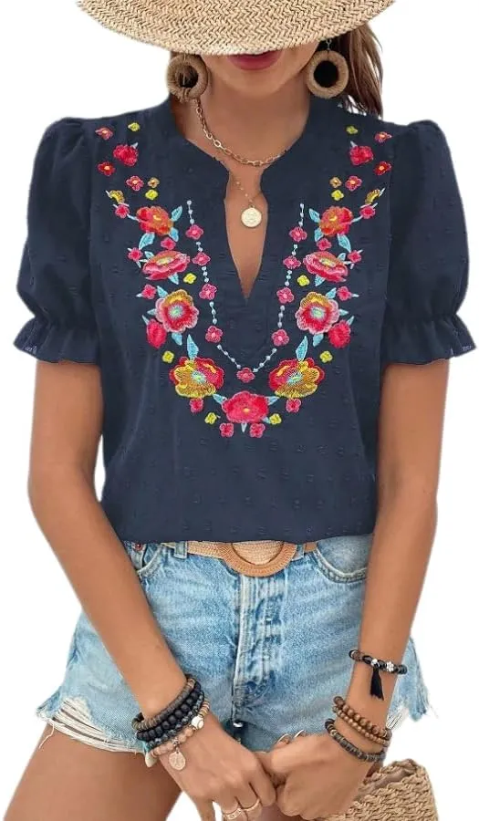 Melliflo Mexican Shirts for Women Floral Embroidered Tops Summer Peasant Blouse Boho V Neck Short Puff Sleeve T Shirt