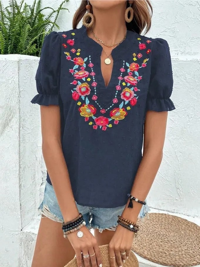 Melliflo Mexican Shirts for Women Floral Embroidered Tops Summer Peasant Blouse Boho V Neck Short Puff Sleeve T Shirt