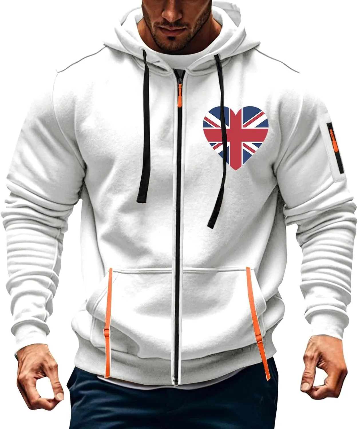Men Casual Hoodies with Zip Pockets American Flag Print Full Zip Long Sleeve Sweatshirt Sports Hooded Jacket
