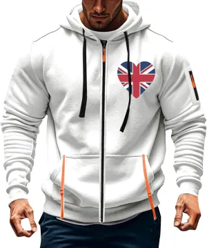 Men Casual Hoodies with Zip Pockets American Flag Print Full Zip Long Sleeve Sweatshirt Sports Hooded Jacket