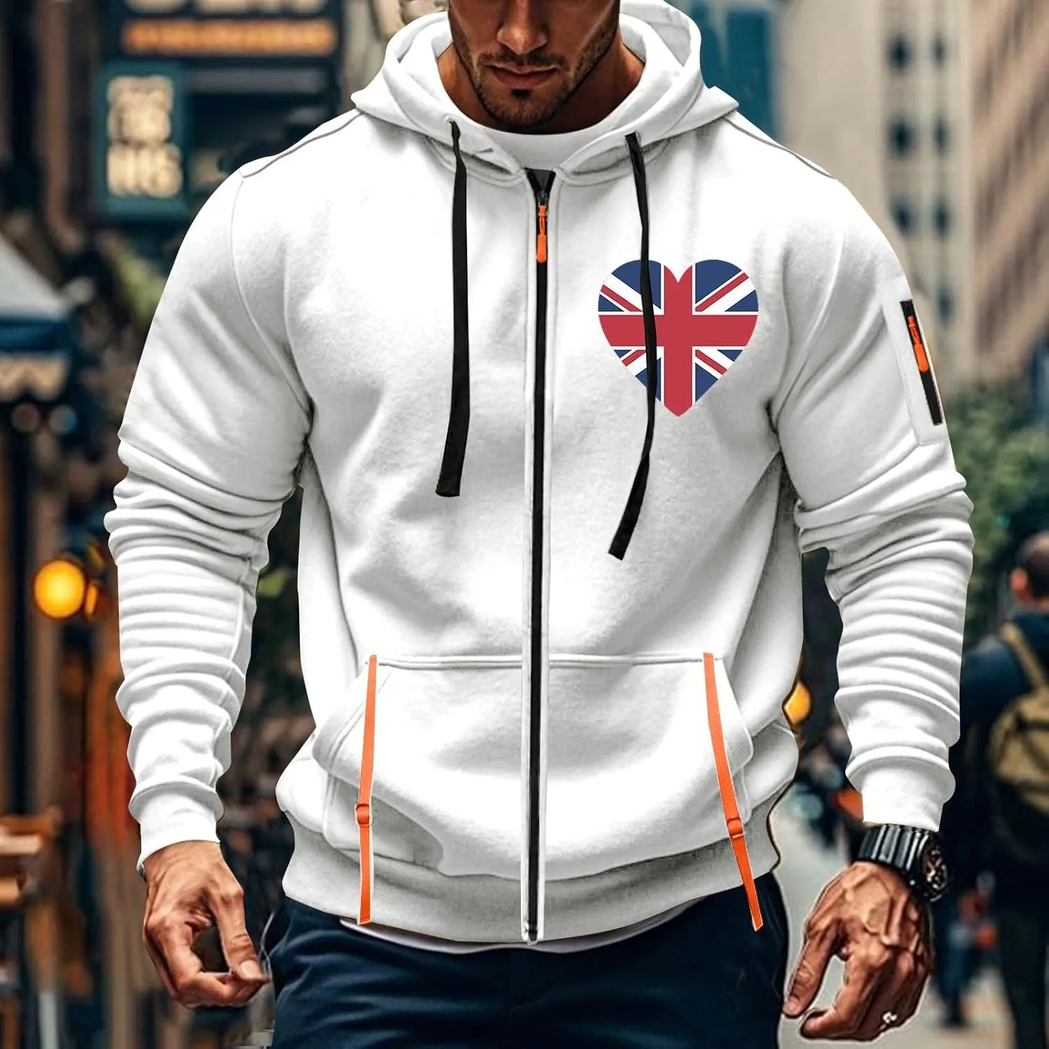 Men Casual Hoodies with Zip Pockets American Flag Print Full Zip Long Sleeve Sweatshirt Sports Hooded Jacket