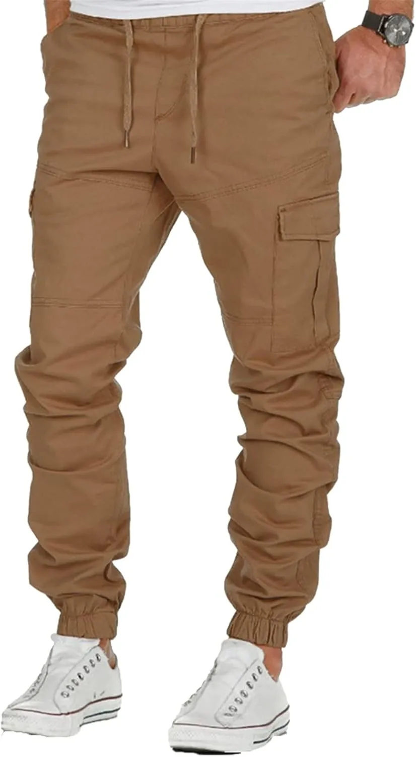 Men' S Leisure Relaxed Fit Pants Joggers Hiking Cargo Pants Solid Multi-Pocket Trousers Overalls Gym Sweatpants