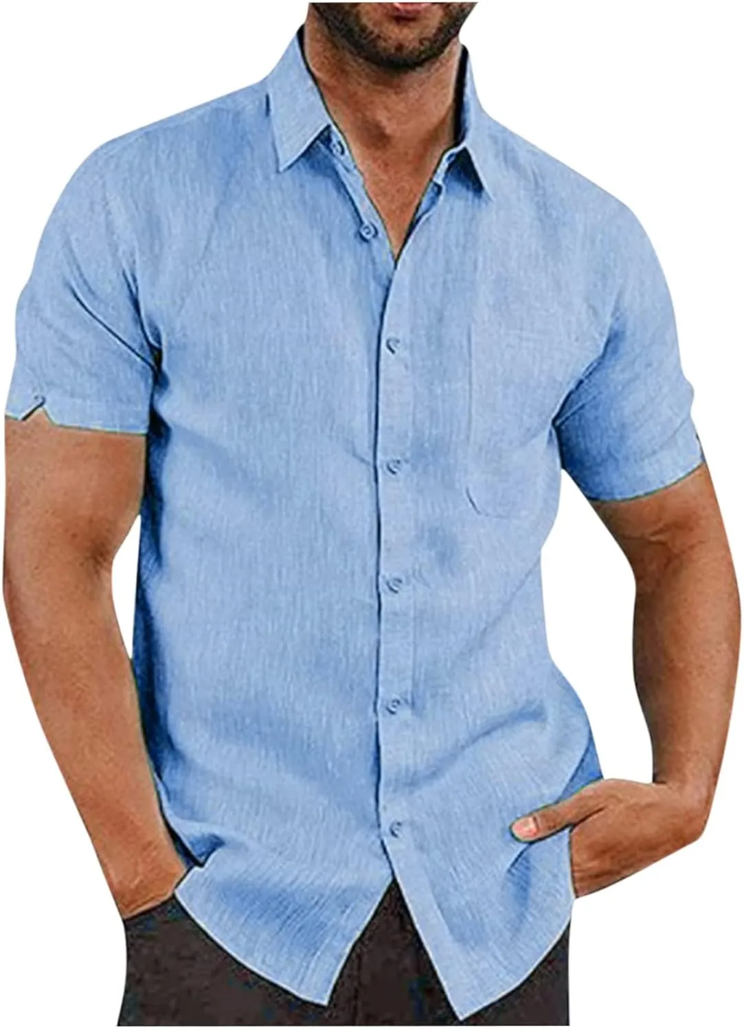 Mens Button Down Short Sleeve Textured Wrinkle Free Stretch Shirts Business Casual Work Dress Shirts Hawaiian Outfits Clothes