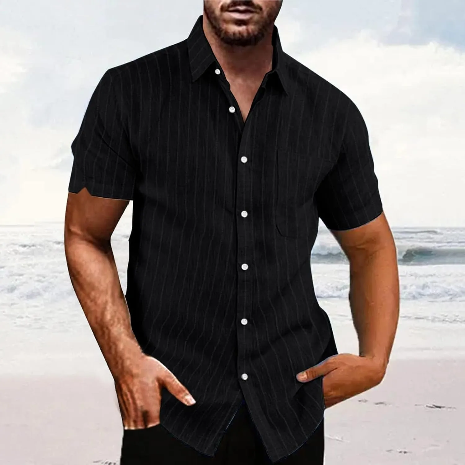 Mens Button Down Short Sleeve Textured Wrinkle Free Stretch Shirts Business Casual Work Dress Shirts Hawaiian Outfits Clothes