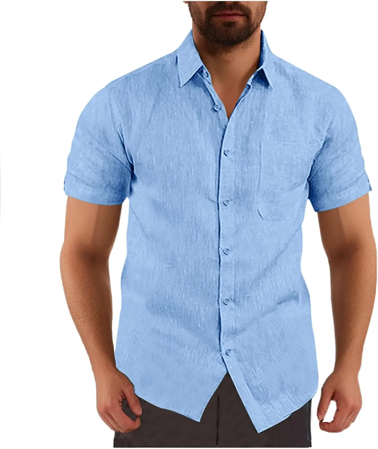 Mens Button Down Short Sleeve Textured Wrinkle Free Stretch Shirts Business Casual Work Dress Shirts Hawaiian Outfits Clothes