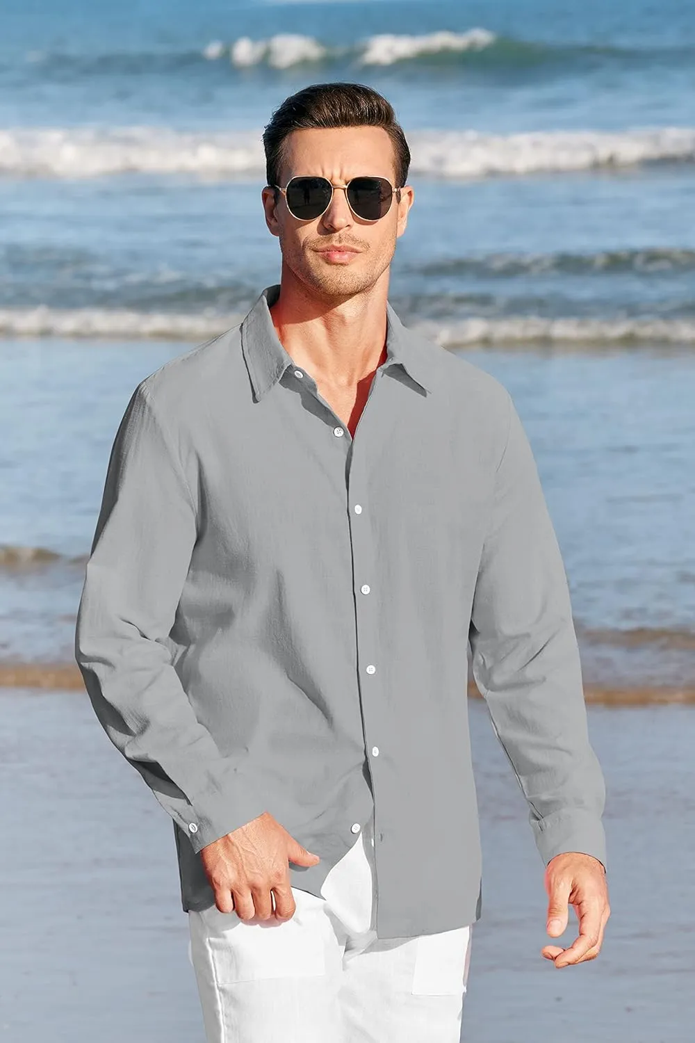 Mens Button Up Shirts Long Sleeve Linen Beach Casual Cotton Summer Lightweight Tops