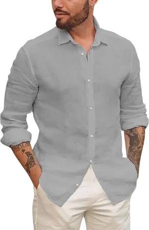 Mens Button Up Shirts Long Sleeve Linen Beach Casual Cotton Summer Lightweight Tops