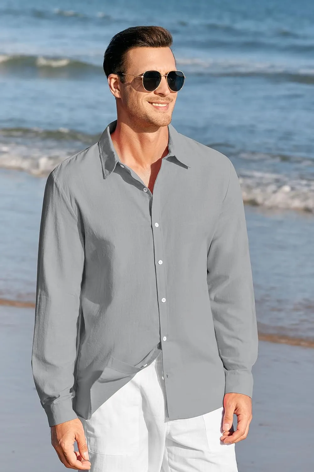 Mens Button Up Shirts Long Sleeve Linen Beach Casual Cotton Summer Lightweight Tops