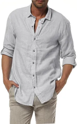 Mens Casual 100% Linen Rolled up Long Sleeve Buttons Shirts