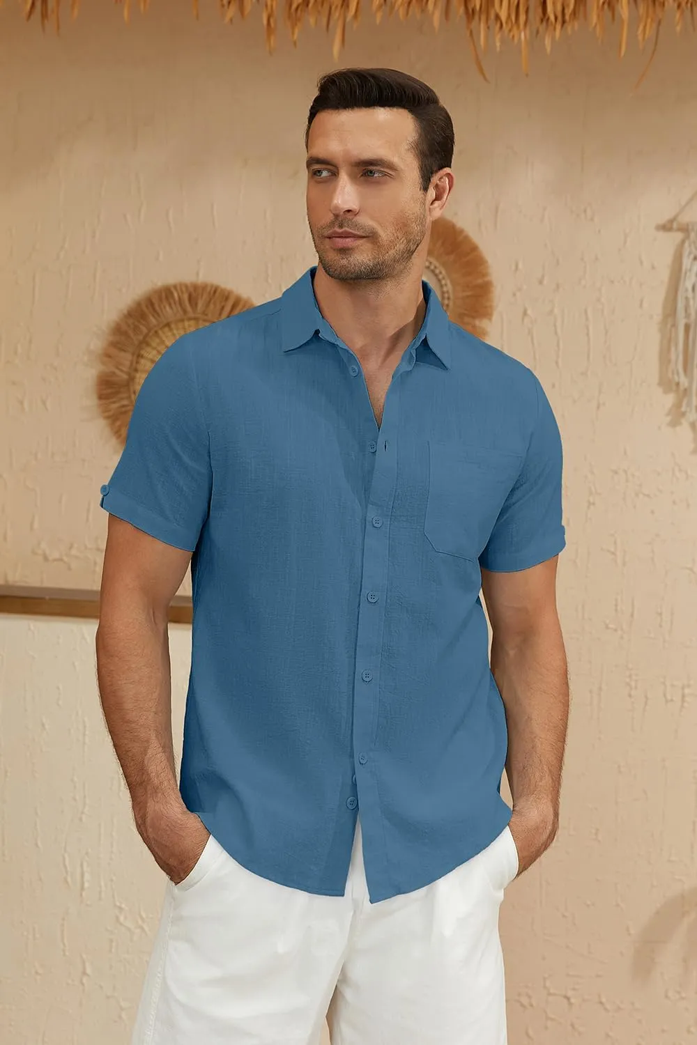 Mens Casual Button Down Shirts Short Sleeve Cotton Dress Shirt