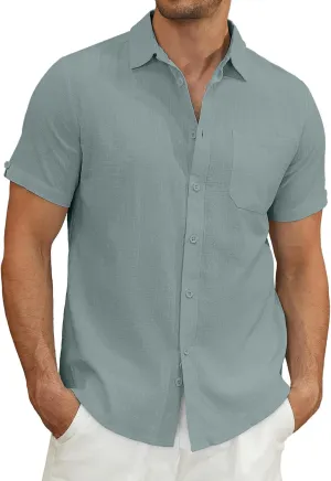 Mens Casual Button Down Shirts Short Sleeve Cotton Dress Shirt