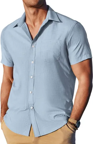 Men's Casual Linen Shirt Short Sleeve Button Down Summer Beach Shirts