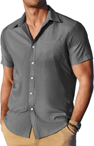 Men's Casual Linen Shirt Short Sleeve Button Down Summer Beach Shirts