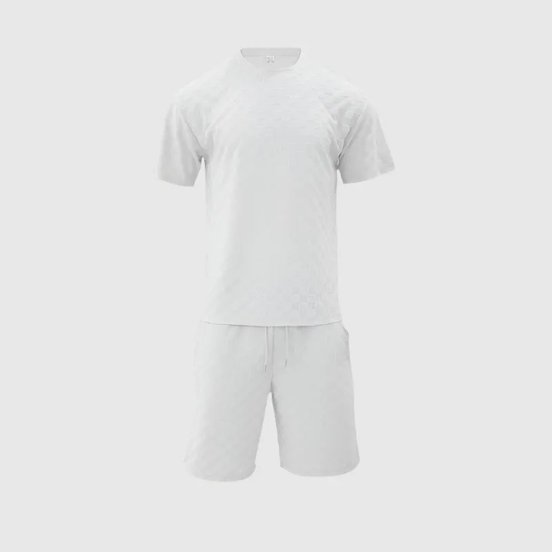 Men's Casual Loose Jacquard Plaid Short Sleeved T-Shirt and Shorts Outfit Set