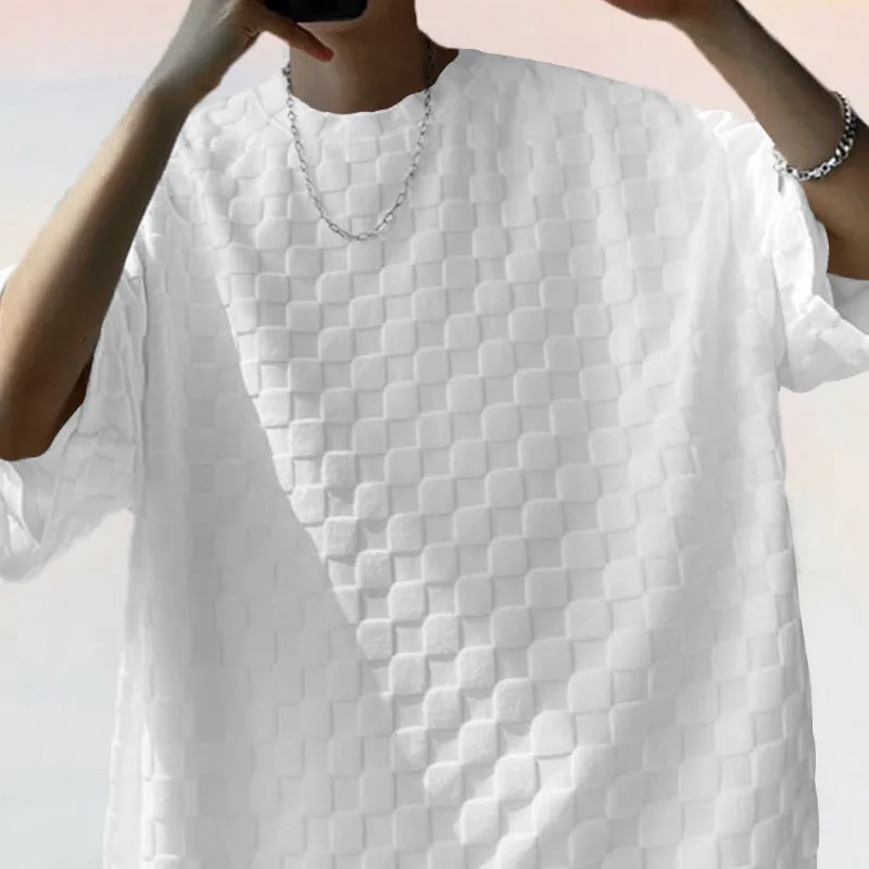 Men's Casual Loose Jacquard Plaid Short Sleeved T-Shirt and Shorts Outfit Set