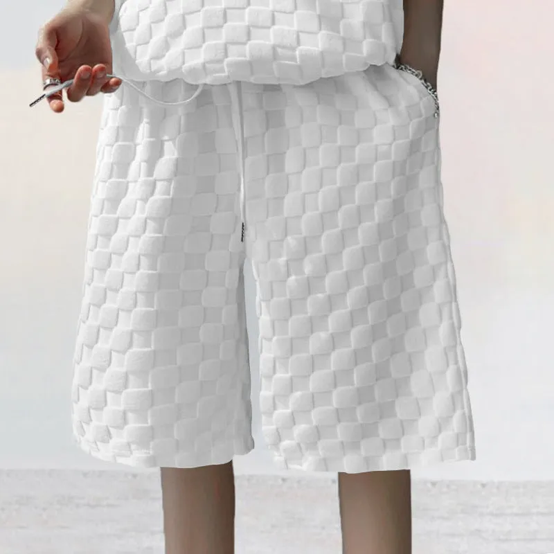 Men's Casual Loose Jacquard Plaid Short Sleeved T-Shirt and Shorts Outfit Set