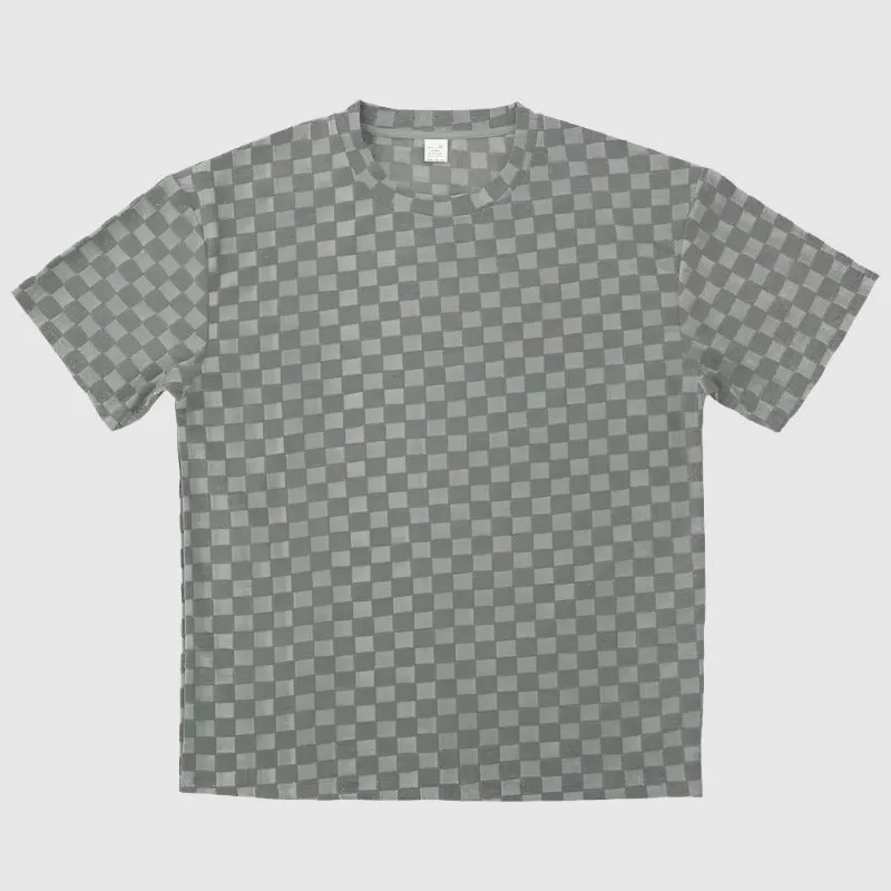 Men's Casual Loose Jacquard Plaid Short Sleeved T-Shirt and Shorts Outfit Set
