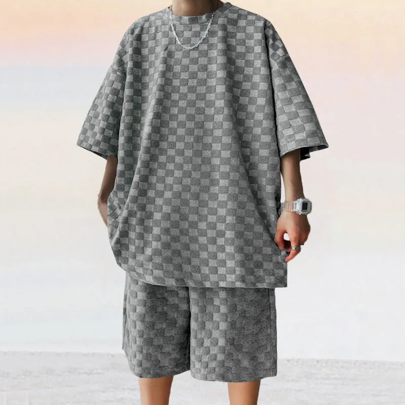 Men's Casual Loose Jacquard Plaid Short Sleeved T-Shirt and Shorts Outfit Set