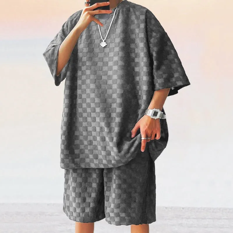 Men's Casual Loose Jacquard Plaid Short Sleeved T-Shirt and Shorts Outfit Set