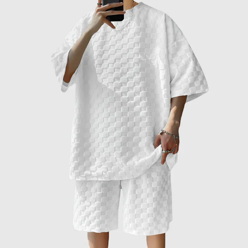 Men's Casual Loose Jacquard Plaid Short Sleeved T-Shirt and Shorts Outfit Set