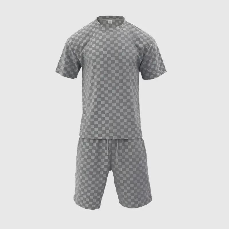 Men's Casual Loose Jacquard Plaid Short Sleeved T-Shirt and Shorts Outfit Set