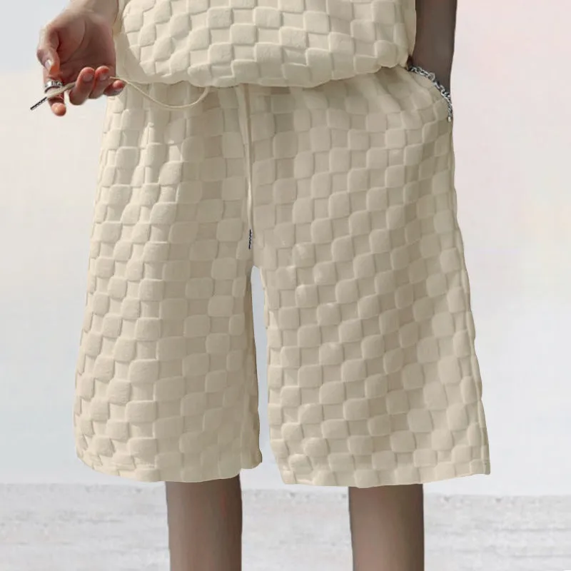 Men's Casual Loose Jacquard Plaid Short Sleeved T-Shirt and Shorts Outfit Set