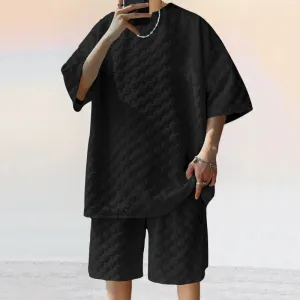 Men's Casual Loose Jacquard Plaid Short Sleeved T-Shirt and Shorts Outfit Set