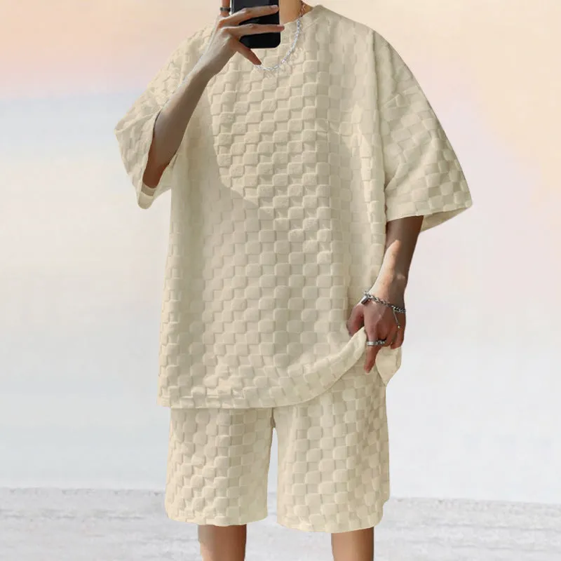 Men's Casual Loose Jacquard Plaid Short Sleeved T-Shirt and Shorts Outfit Set