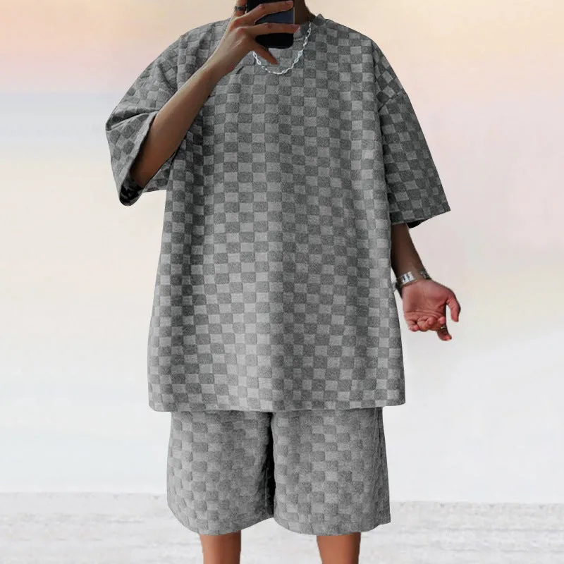 Men's Casual Loose Jacquard Plaid Short Sleeved T-Shirt and Shorts Outfit Set
