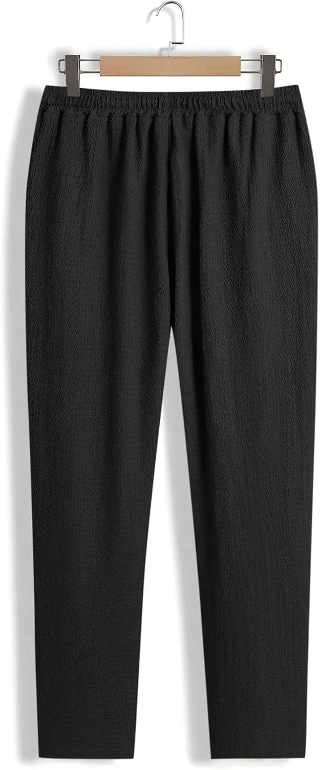 Mens Casual Pants Relaxed Fit Wide Leg Trousers High-Rise Summer Elastic Waist Drawstring Casual Flat Front Pants