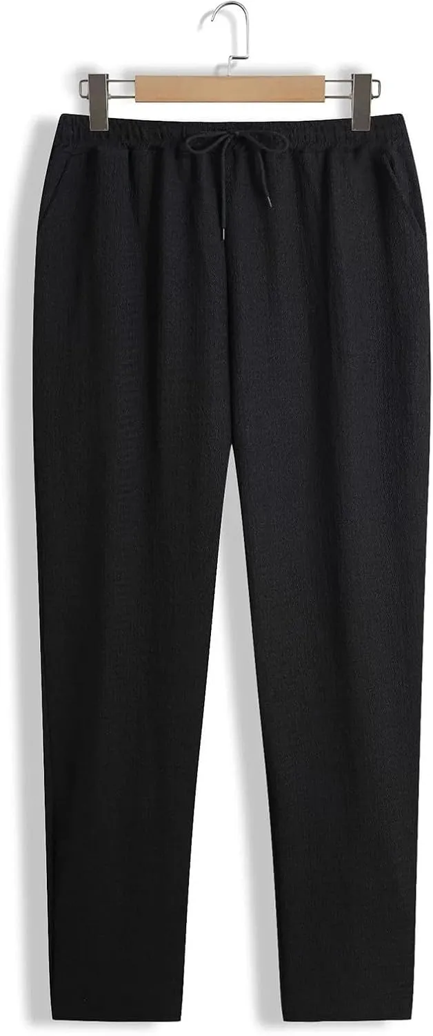 Mens Casual Pants Relaxed Fit Wide Leg Trousers High-Rise Summer Elastic Waist Drawstring Casual Flat Front Pants