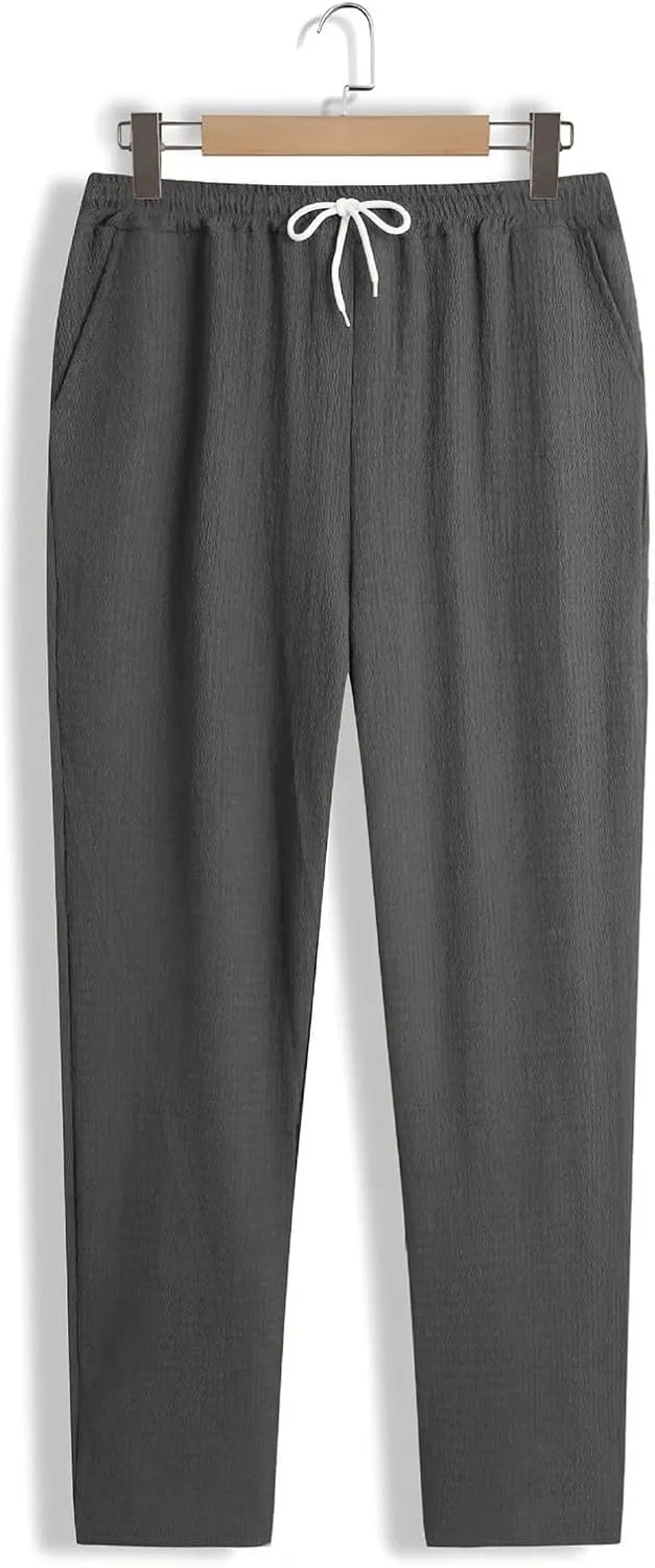 Mens Casual Pants Relaxed Fit Wide Leg Trousers High-Rise Summer Elastic Waist Drawstring Casual Flat Front Pants
