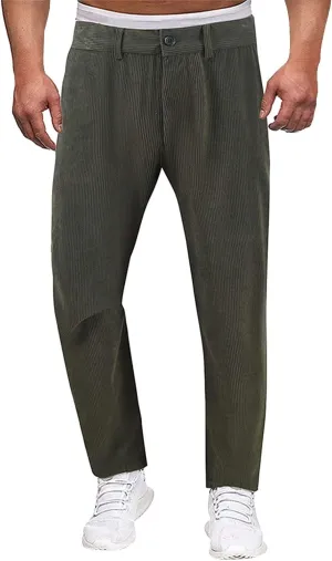Mens Corduroy Dress Pants Straight Leg Flat Front Casual Chino Pants Fashion Low Rise Relaxed Fit Slacks with Pockets