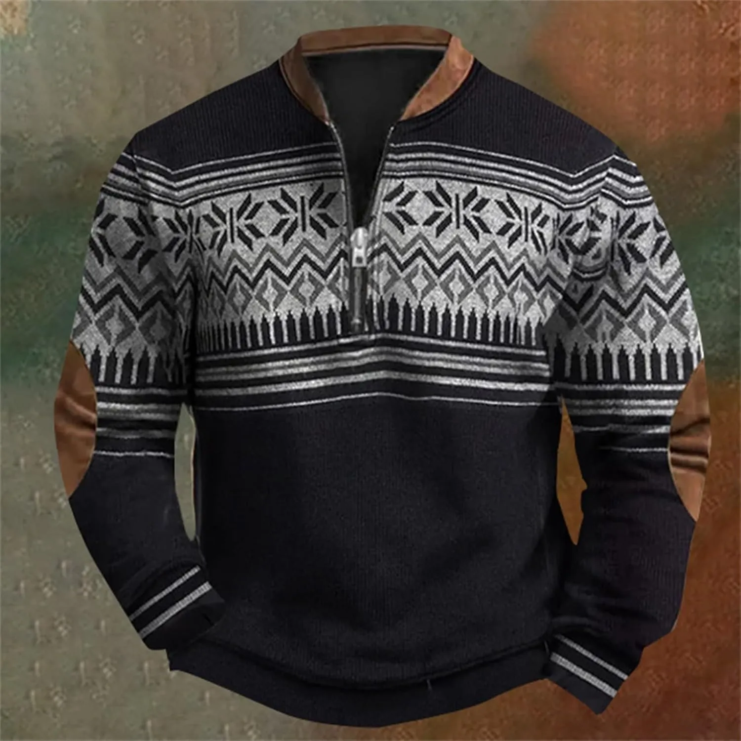 Men's Crewneck Sweatshirts Men's Casual Fashion Loose 3D Printed Zipper Long Casual V Neck Slim Fit Pullover T-Shirt