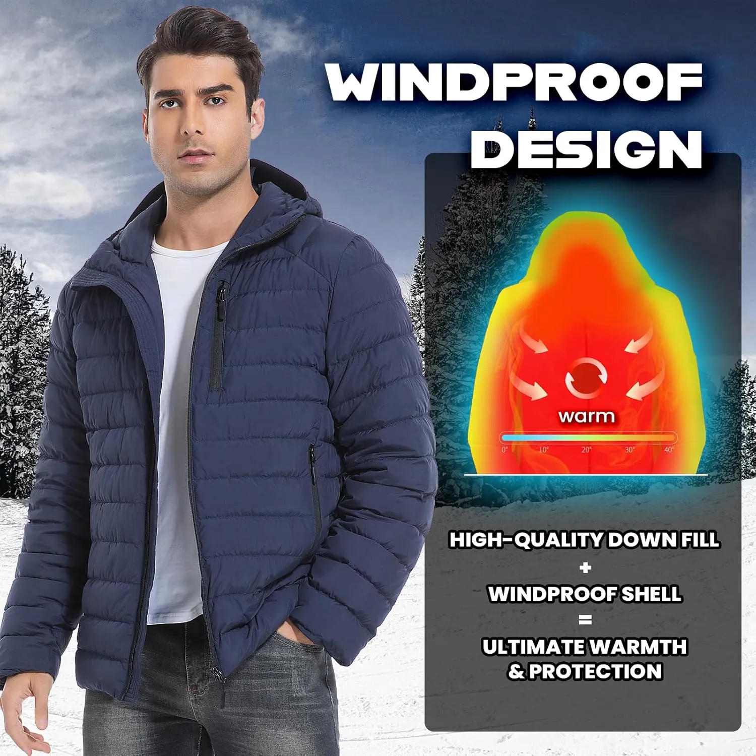Men's Lightweight Packable Down Jacket Water-Resistant Winter Puffer Jackets with Hood
